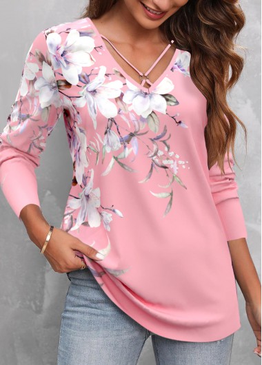 ROTITA Circular Ring Floral Print Pink T Shirt
