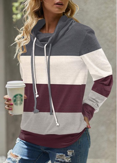 ROTITA Patchwork Multi Stripe Print Cowl Neck Long Sleeve Sweatshirt