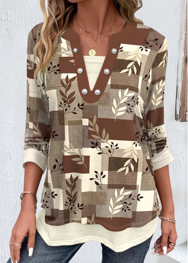 ROTITA Fake 2in1 Random Floral Print Dark Camel Blouse