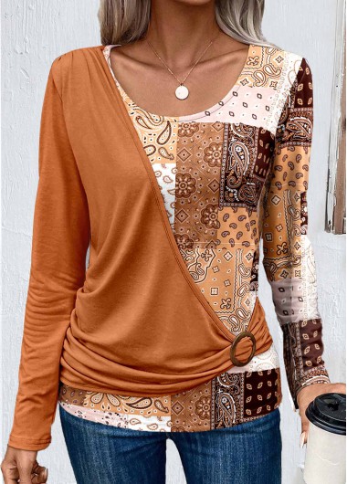 ROTITA Asymmetry Patchwork Orange Scoop Neck T Shirt