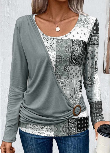 ROTITA Grey Scoop Neck Patchwork Long Sleeve T Shirt