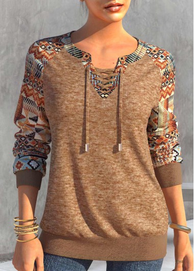 ROTITA Lace Up Tribal Print Dark Camel T Shirt