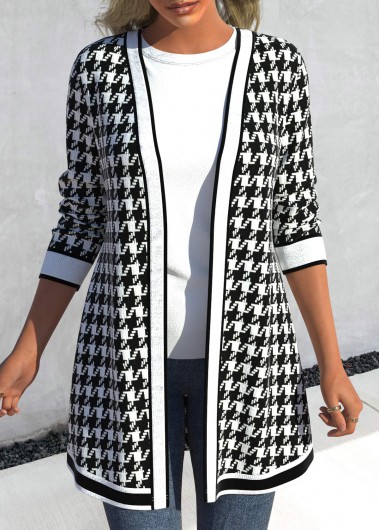 ROTITA Patchwork Plaid Black Long Sleeve Cardigan