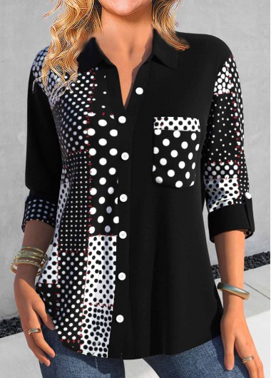 ROTITA Asymmetry Polka Dot Black Shirt Collar Blouse