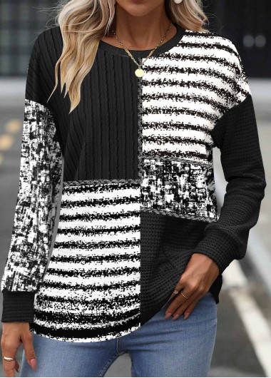 ROTITA Patchwork Striped Black Round Neck Long Sleeve Sweatshirt