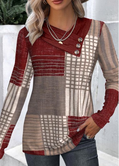 ROTITA Button Geometric Print Wine Red Asymmetrical Neck T Shirt