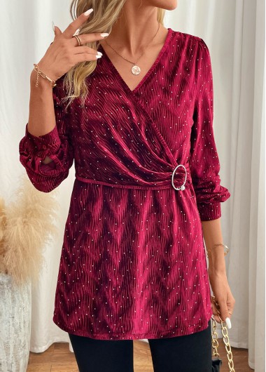 ROTITA Velvet Wine Red V Neck Long Sleeve Blouse