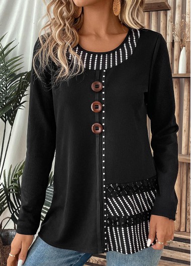 ROTITA Patchwork Striped Black Round Neck Long Sleeve T Shirt