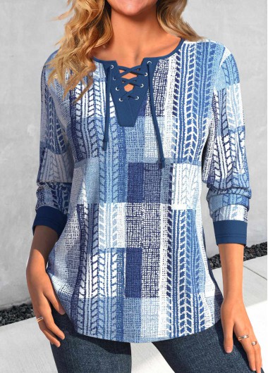 ROTITA Lace Up Geometric Print Denim Blue T Shirt