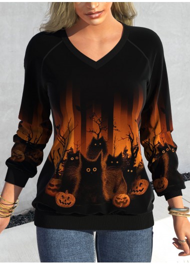 ROTITA Patchwork Halloween Print Black V Neck Long Sleeve Sweatshirt