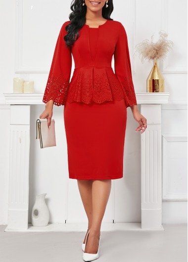 ROTITA Burn Out Printing Red Long Sleeve Bodycon Dress