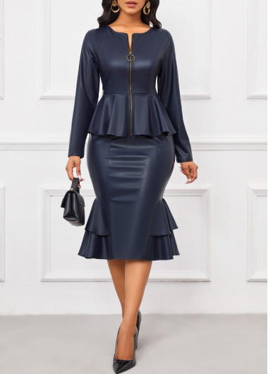 ROTITA Vegan Leather Navy Split Neck Long Sleeve Bodycon Dress