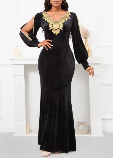 ROTITA Velvet Black V Neck Long Sleeve Maxi Bodycon Dress