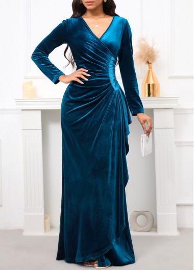 ROTITA Velvet Peacock Blue V Neck Dress
