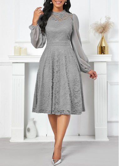ROTITA Lace Grey Stand Collar Long Sleeve Dress