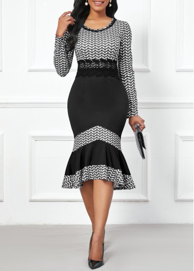 ROTITA Geometric Print Black High Low Bodycon Dress