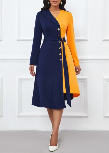 ROTITA Asymmetry Navy Belted V Neck Long Sleeve Dress