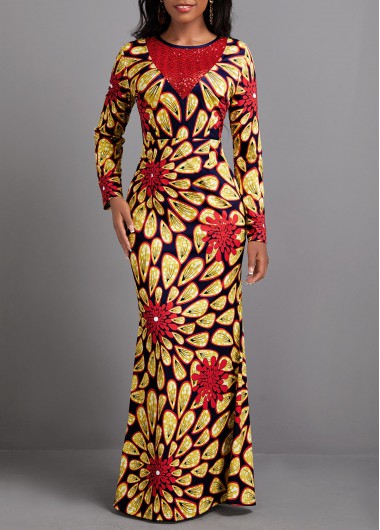 ROTITA Patchwork Floral Print Red Round Neck Dress