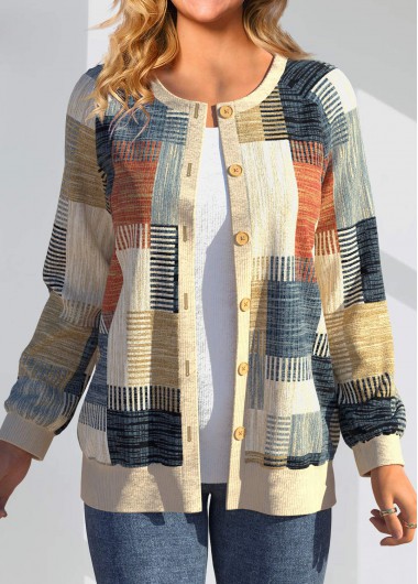 ROTITA Button Geometric Print Multi Color Long Sleeve Cardigan