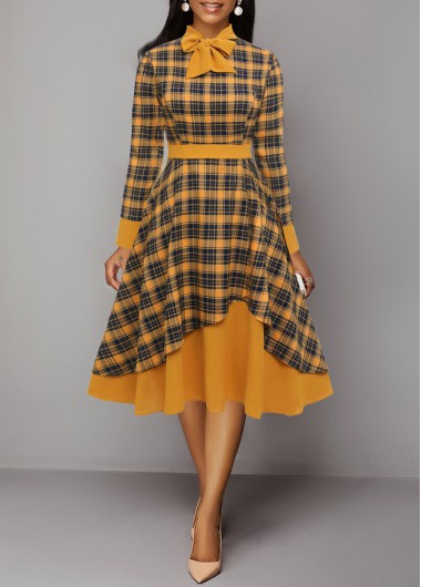 ROTITA Patchwork Plaid Orange Tie Collar Long Sleeve Dress