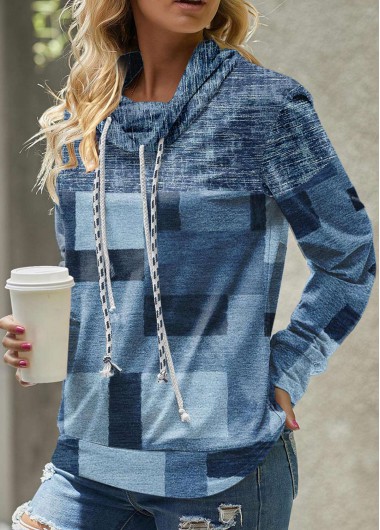 ROTITA Patchwork Geometric Print Denim Blue Cowl Neck Sweatshirt