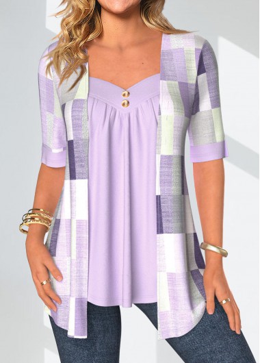 ROTITA Fake 2in1 Geometric Print Light Purple Heart Collar Blouse