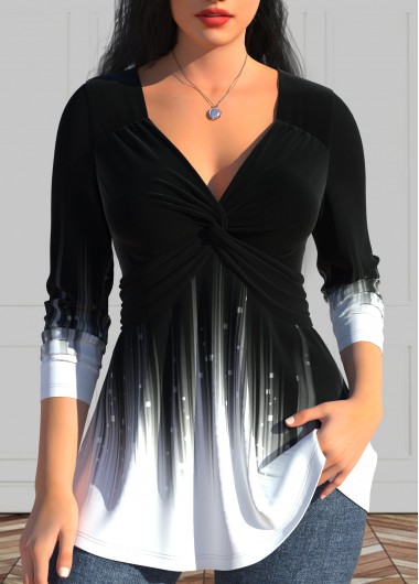 ROTITA Twist Ombre Black V Neck Long Sleeve T Shirt