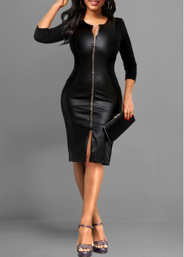 ROTITA Vegan Leather Black Round Neck Bodycon Dress