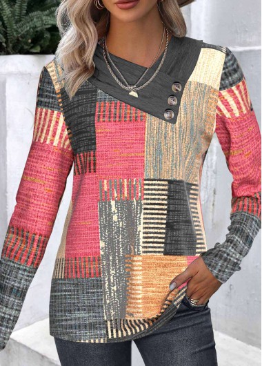 ROTITA Button Plaid Multi Color Asymmetrical Neck Long Sleeve Sweatshirt