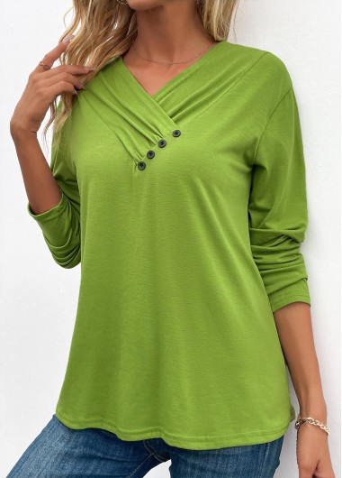Button Grass Green V Neck Long Sleeve T Shirt