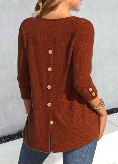 ROTITA Button Brick Red Round Neck Long Sleeve T Shirt