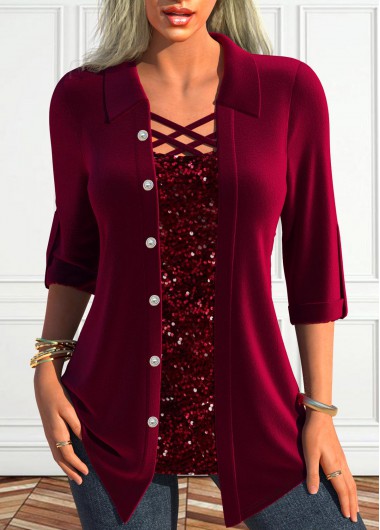 ROTITA Fake 2in1 Wine Red Square Neck Blouse