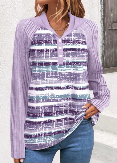 ROTITA Button Striped Light Purple Hooded Long Sleeve Sweatshirt