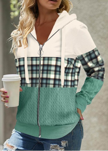 ROTITA Patchwork Plaid Green Long Sleeve Hoodie