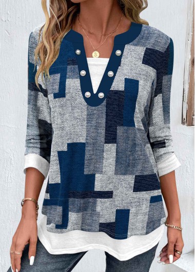 ROTITA Fake 2in1 Geometric Print Dusty Blue Split Neck Blouse