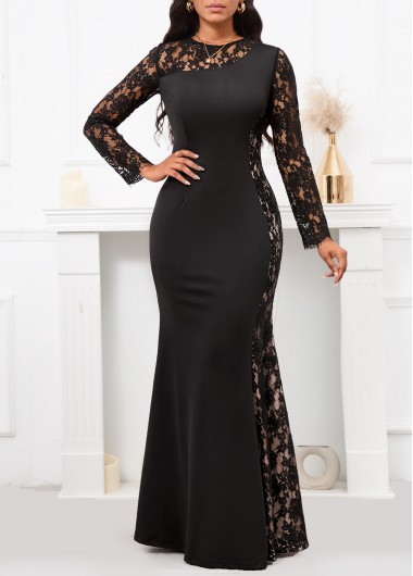 ROTITA Patchwork Black Round Neck Long Sleeve Maxi Bodycon Dress