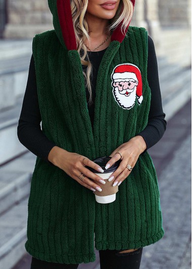Santa Claus Print Christmas Green Hooded Sleeveless Waistcoat