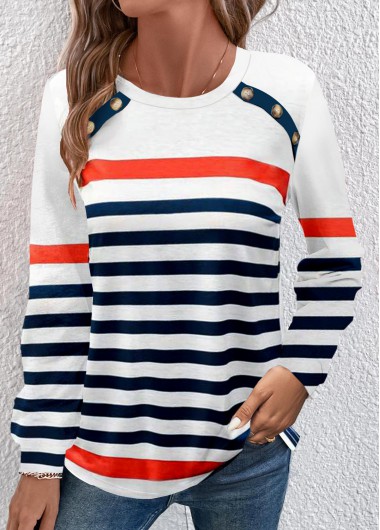 ROTITA Button Multi Stripe Print Navy Round Neck T Shirt