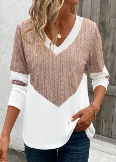 Patchwork Geometric Print Light Camel V Neck T Shirt