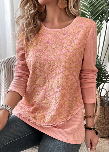ROTITA Layered Dusty Pink Round Neck Long Sleeve T Shirt