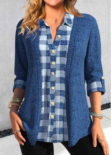 ROTITA Fake 2in1 Plaid Denim Blue Shirt Collar Blouse