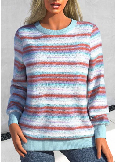 ROTITA Light Blue Round Neck Patchwork Long Sleeve Sweatshirt