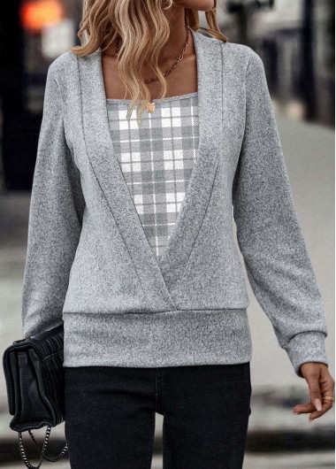 ROTITA Fake 2in1 Plaid Light Grey Marl Square Neck Sweatshirt
