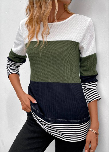 ROTITA Patchwork Striped Olive Green Round Neck T Shirt