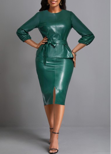 ROTITA Faux Leather Blackish Green Belted Round Neck Bodycon Dress