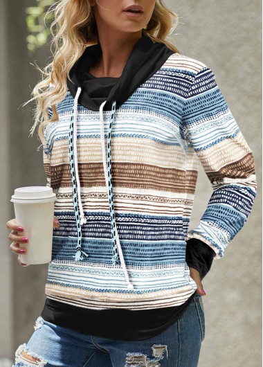 ROTITA Geometric Print Blue Cowl Neck Long Sleeve Sweatshirt