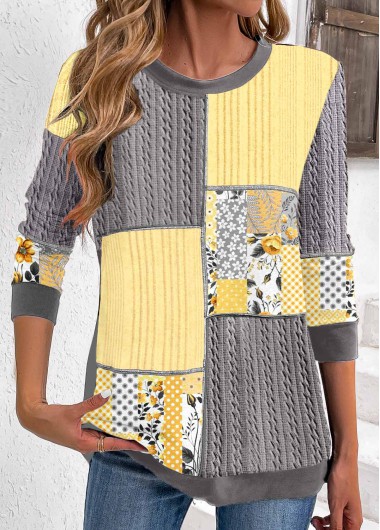 ROTITA Patchwork Geometric Print Grey Round Neck Long Sleeve Sweatshirt