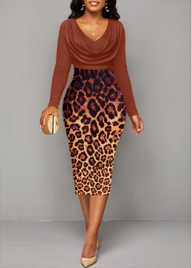 ROTITA Patchwork Leopard Dark Coffee Draped Neck Bodycon Dress