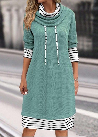 ROTITA Patchwork Striped Sage Green Cowl Neck Shift Dress