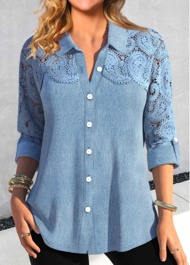 ROTITA Patchwork Dusty Blue Turn Down Collar Long Sleeve Blouse